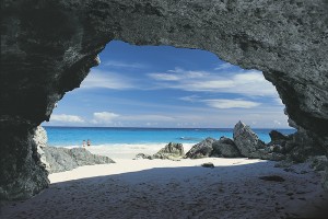Rock formations on white sand beach , Bermuda