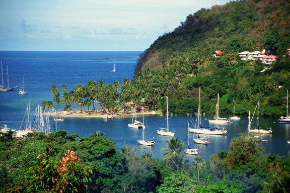 View of sailboats on Marigot Bay, Saint Lucia, Caribbean